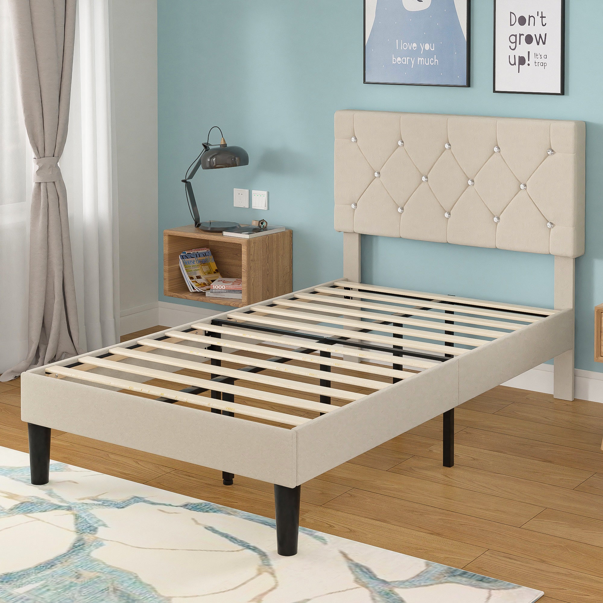 VECELO Twin Size Bed Frame, Upholstered Platform with Adjustable Diamond Tufted Headboard