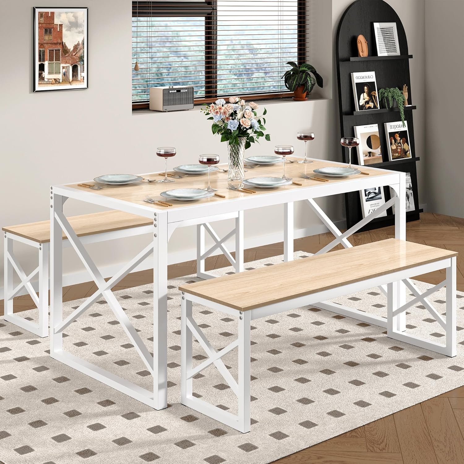 VECELO Kitchen Table with 2 Benches for 4