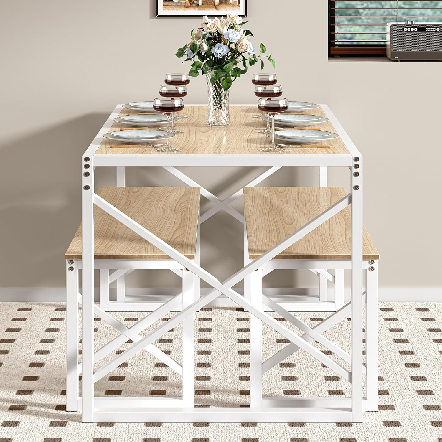 VECELO Kitchen Table with 2 Benches for 4