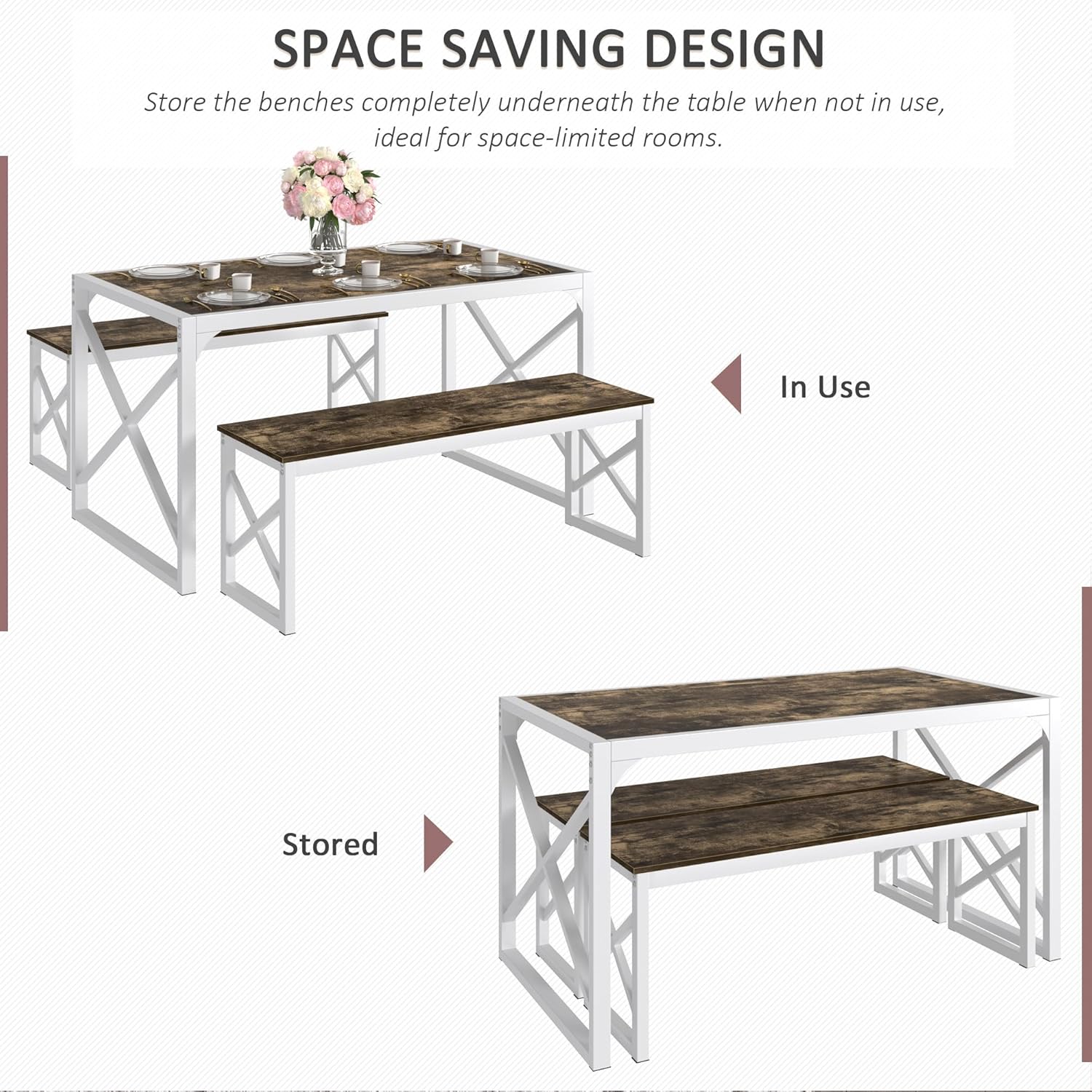 VECELO Kitchen Table with 2 Benches for 4