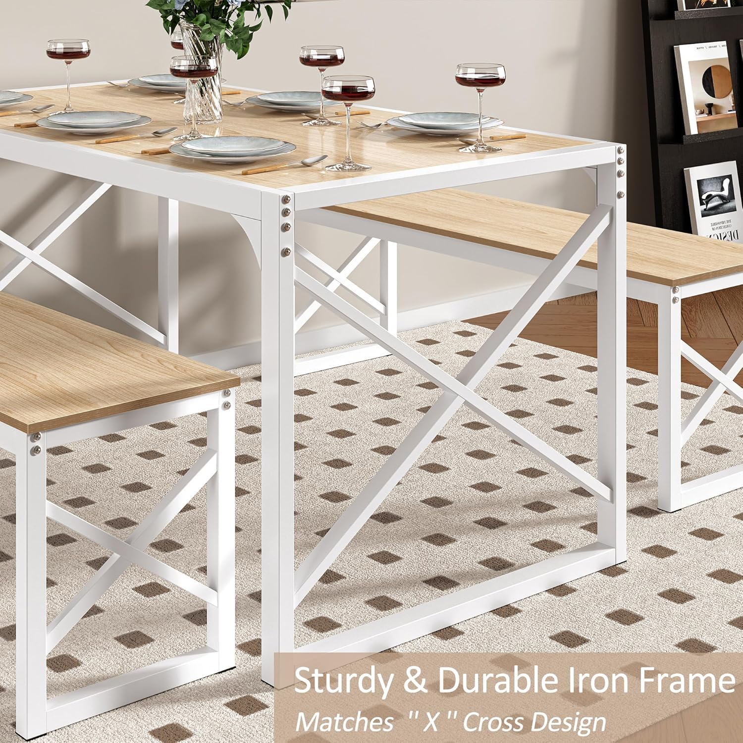 VECELO Kitchen Table with 2 Benches for 4