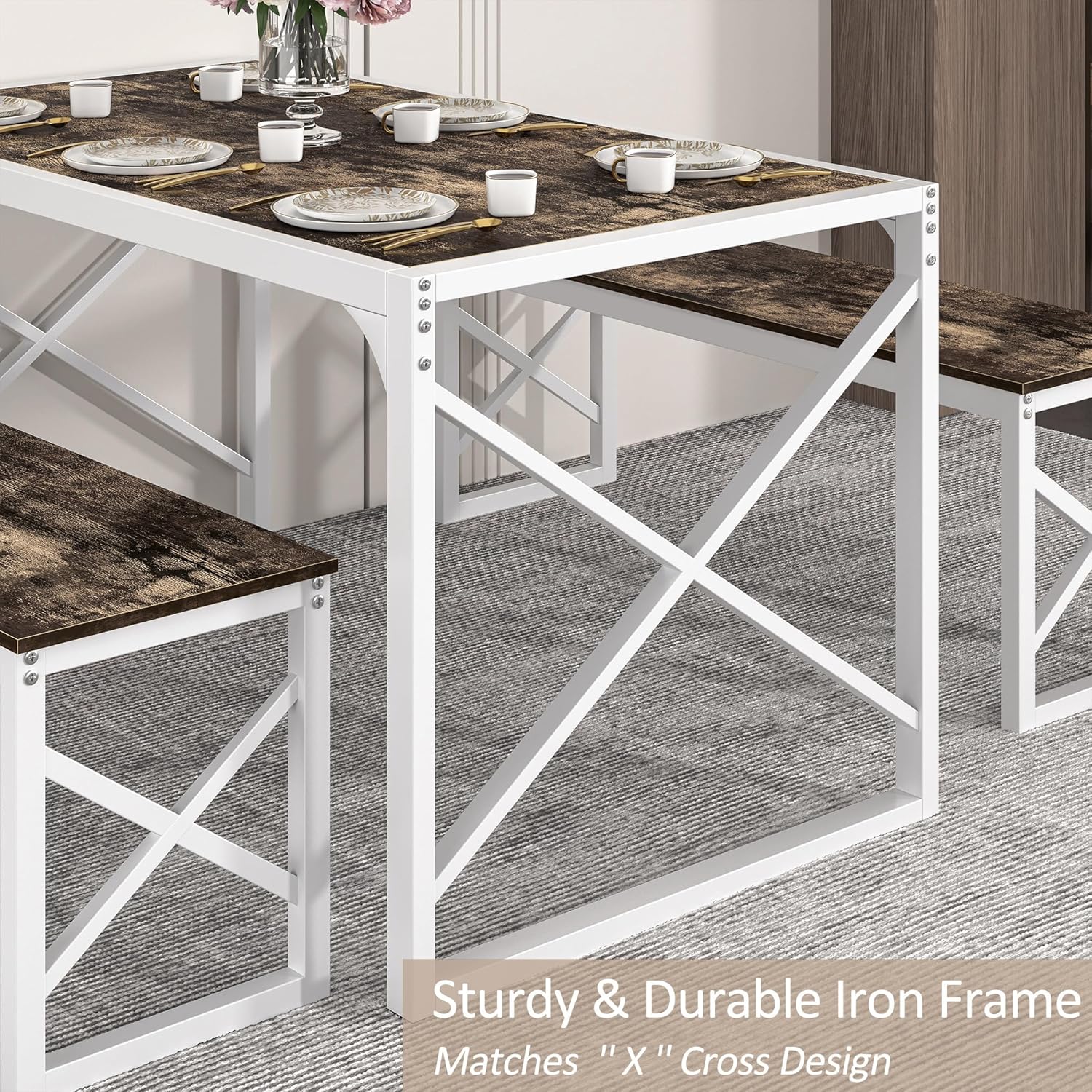 VECELO Kitchen Table with 2 Benches for 4