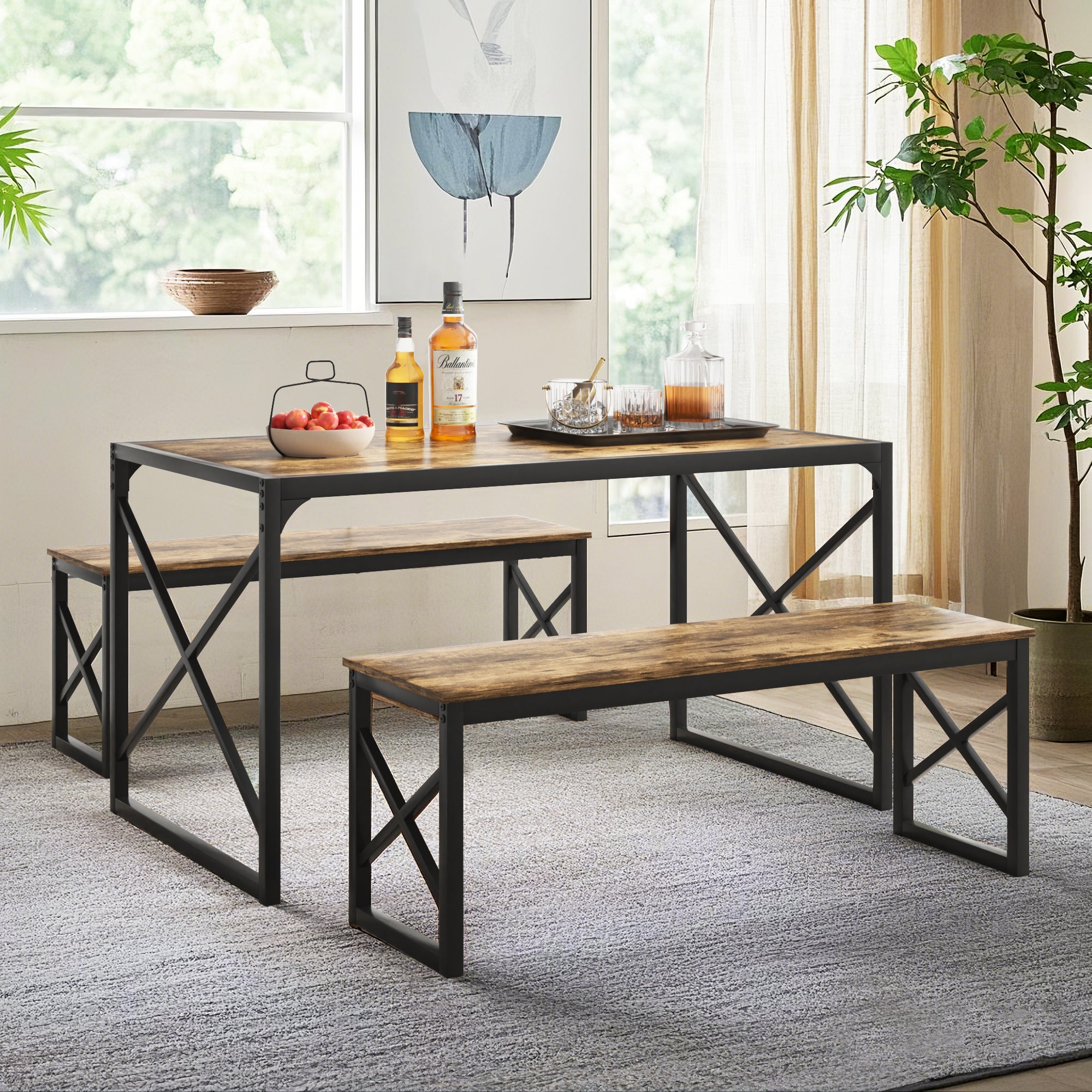 VECELO Kitchen Table with 2 Benches for 4