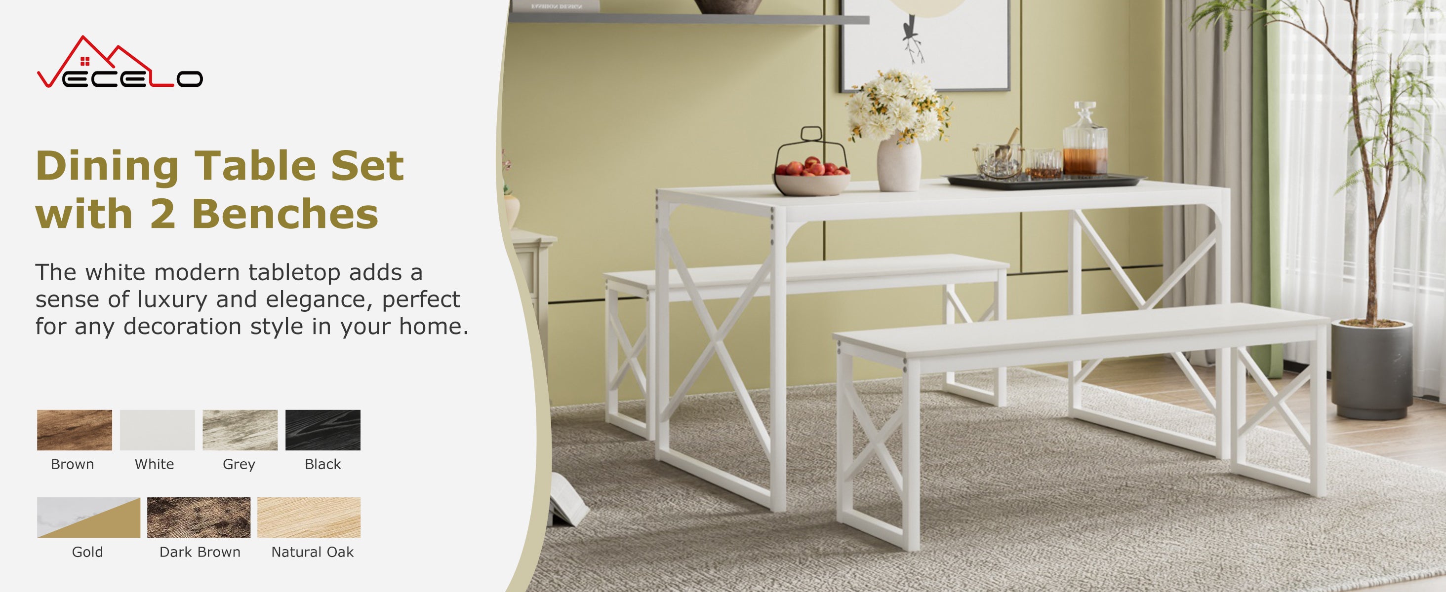 VECELO Kitchen Table with 2 Benches for 4