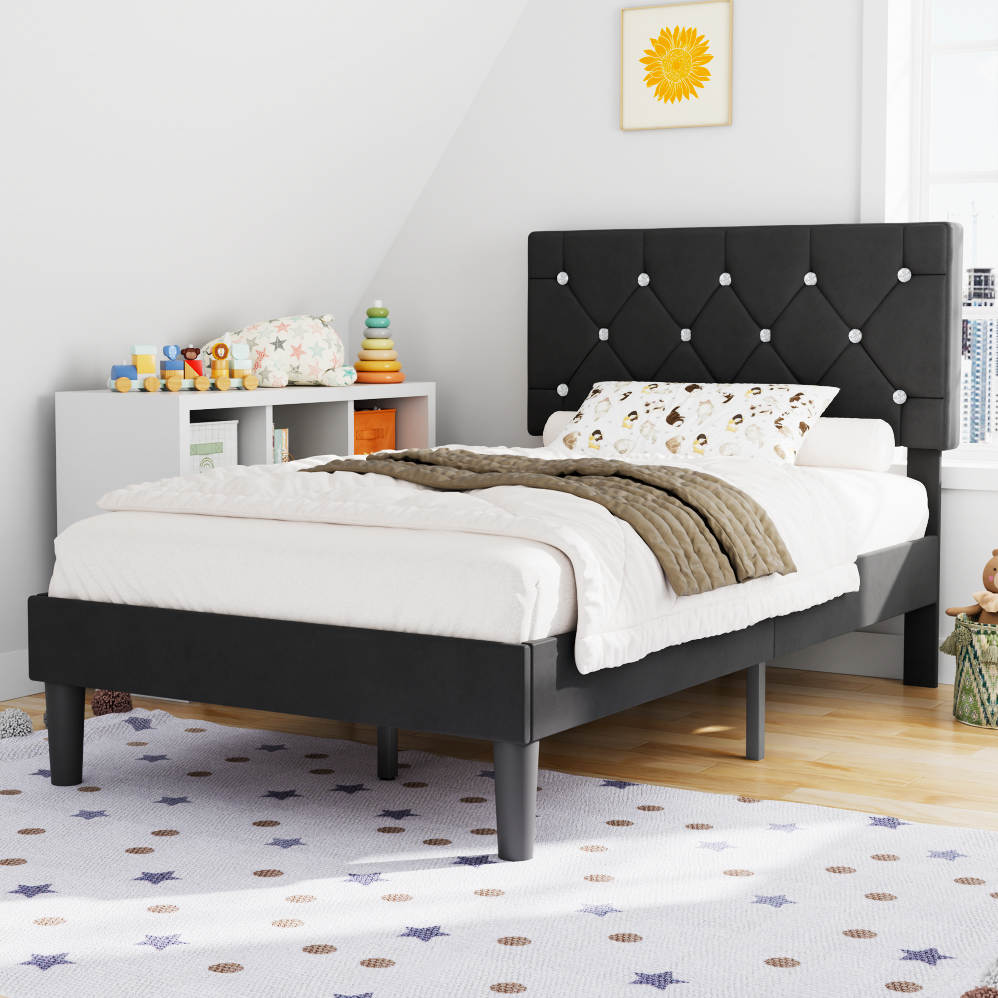 VECELO Bed Frame, Upholstered Platform with Adjustable Diamond Tufted Headboard