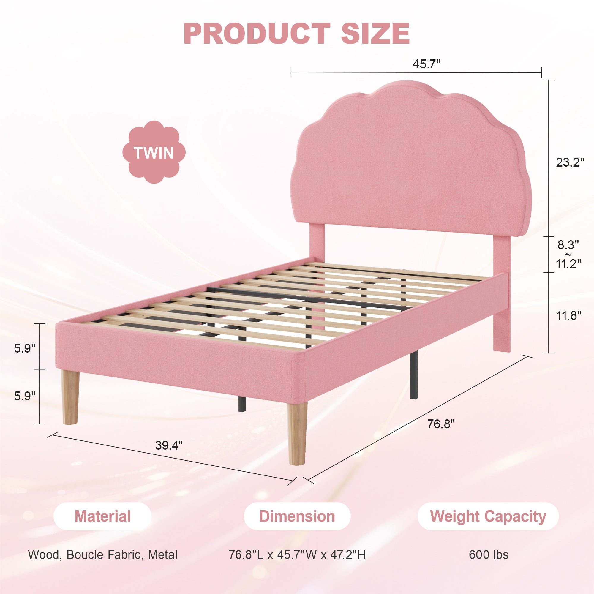 VECELO Twin Size Bed Frame, Upholstered Platform Bedframe with Height Adjustable Plush Fabric Headboard