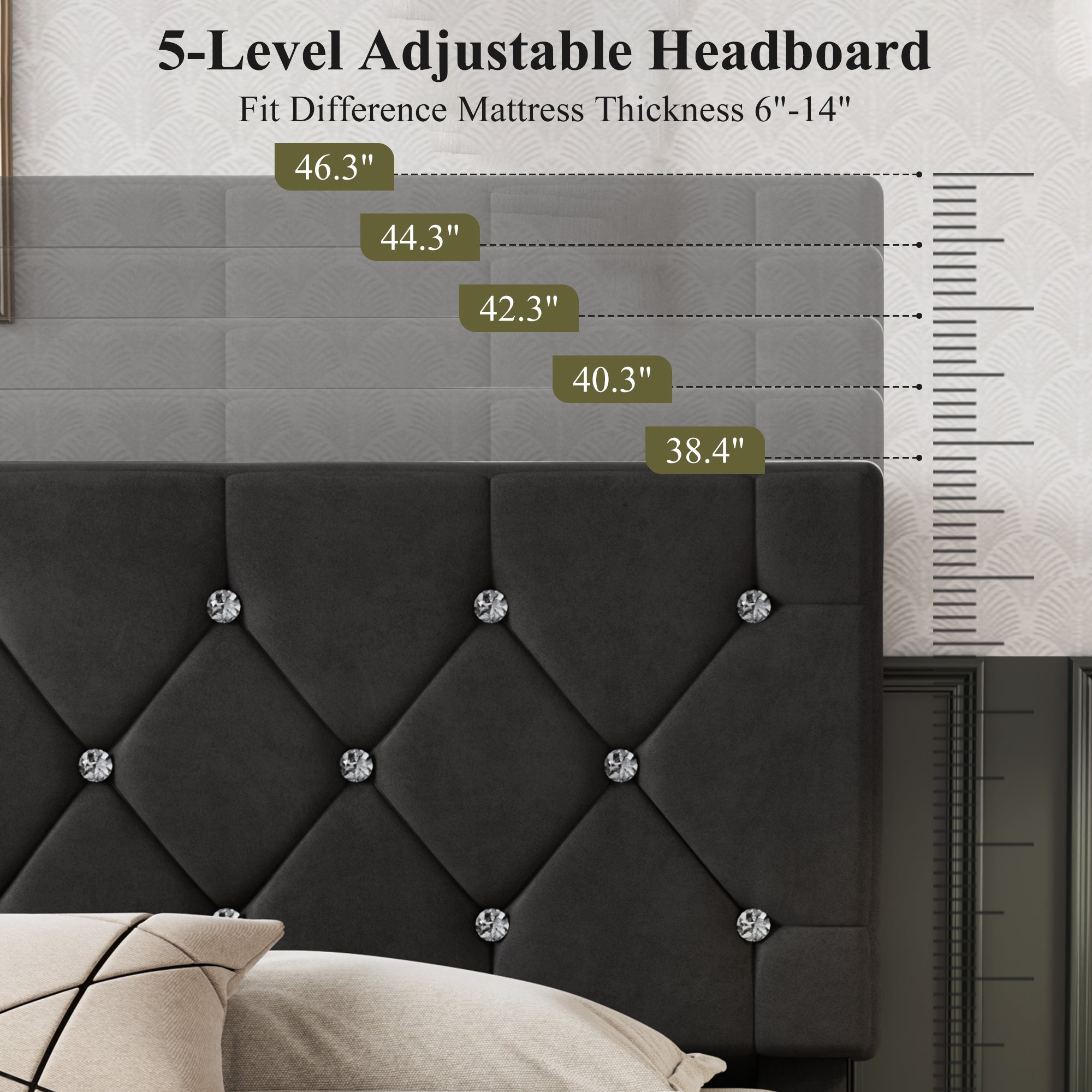 VECELO Bed Frame, Upholstered Platform with Adjustable Diamond Tufted Headboard