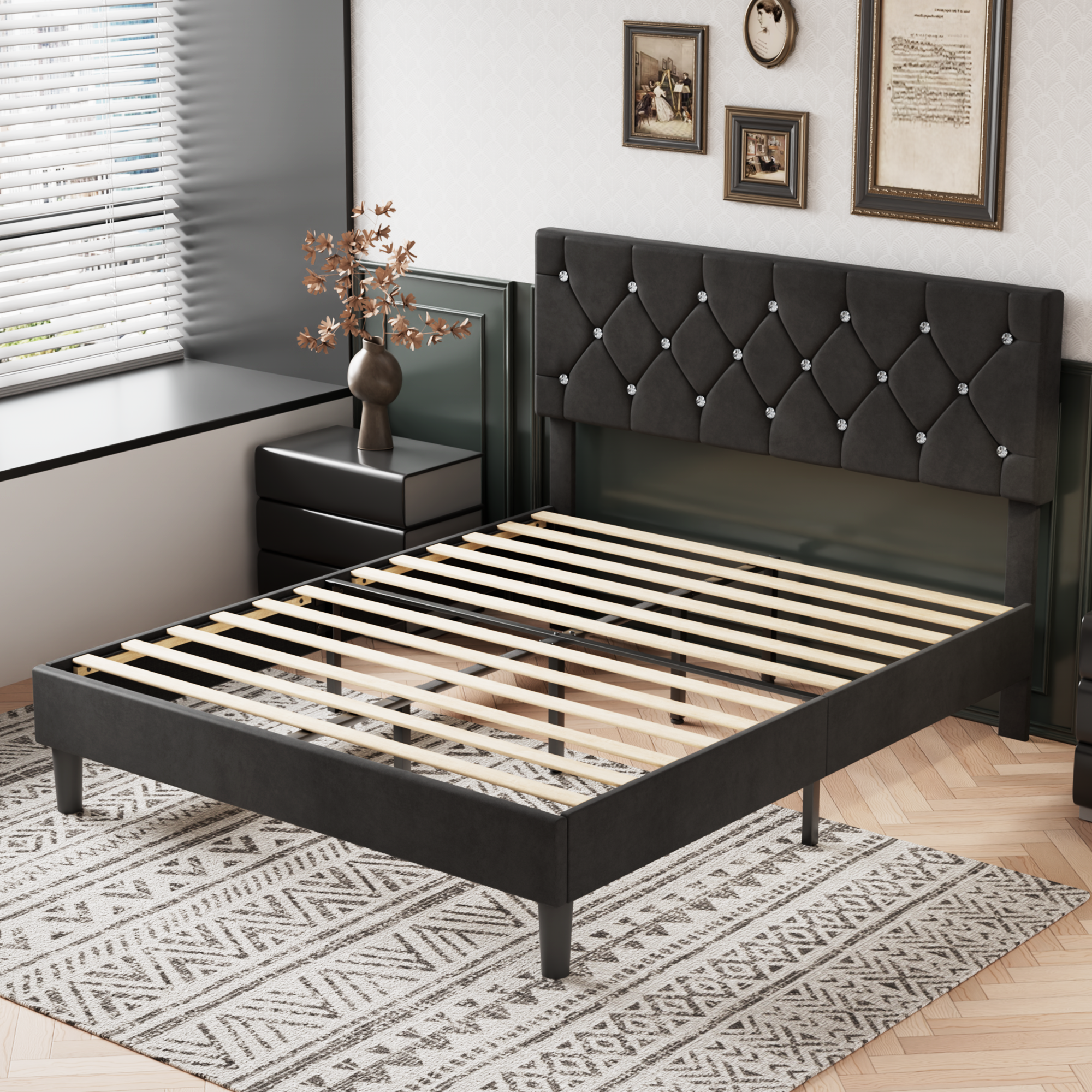 VECELO Bed Frame, Upholstered Platform with Adjustable Diamond Tufted Headboard