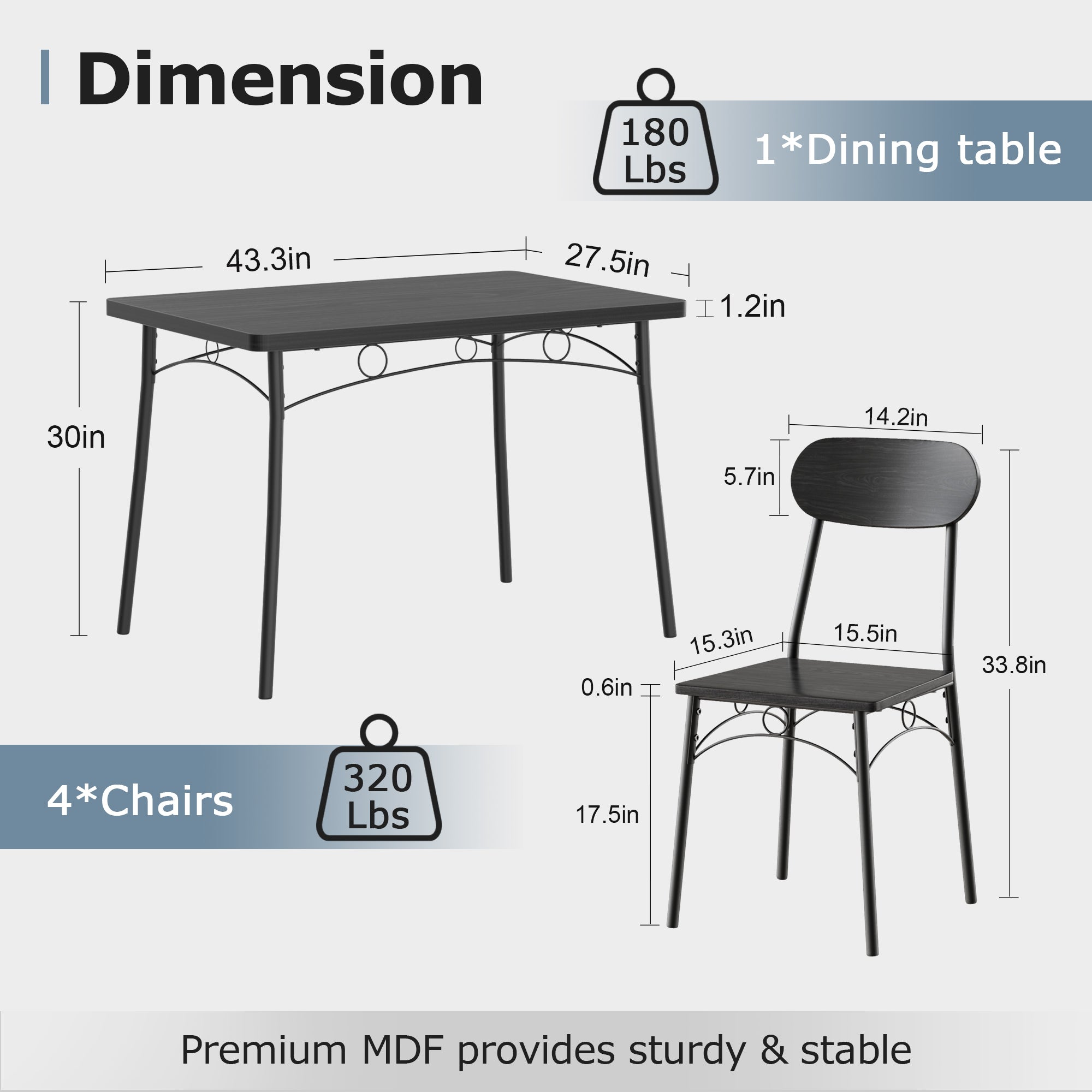 VECELO  Farmhouse Style 5 Piece Dining Table Set Metal and Wood Rectangular Table with 4 Chairs