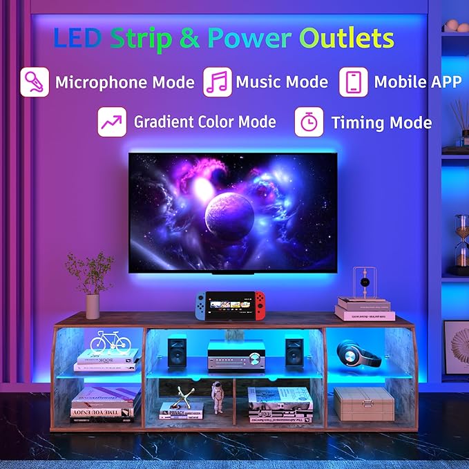 VECELO TV Stand with LED Strip & Power Outlets, Industrial Entertainment Center