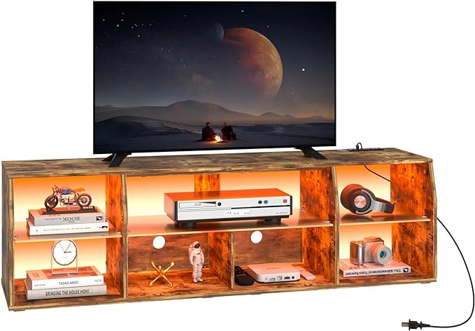 VECELO TV Stand with LED Strip & Power Outlets, Industrial Entertainment Center