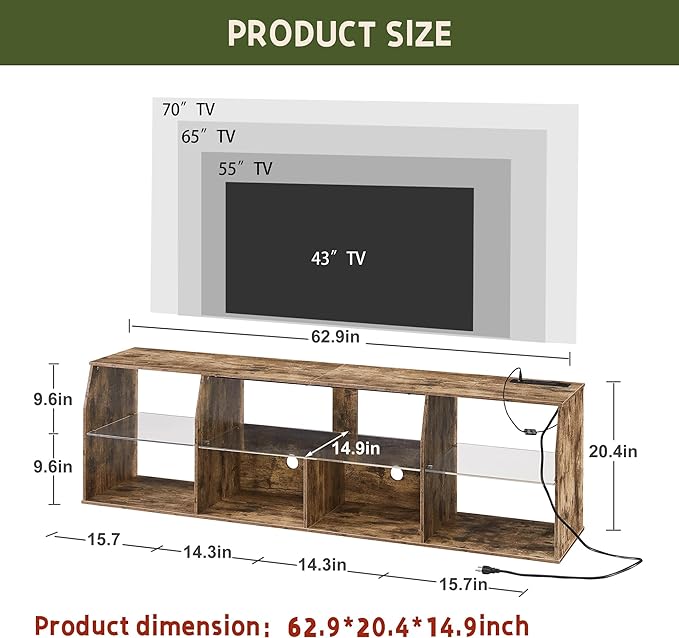 VECELO TV Stand with LED Strip & Power Outlets, Industrial Entertainment Center