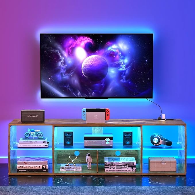 VECELO TV Stand with LED Strip & Power Outlets, Industrial Entertainment Center