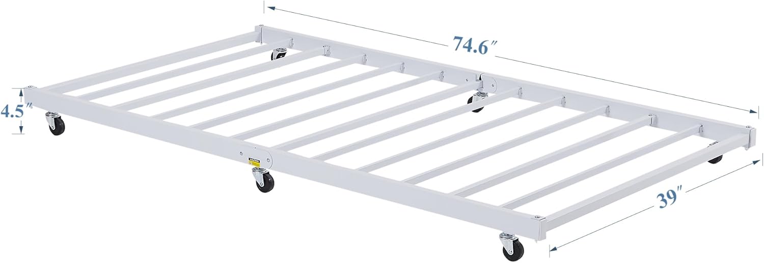 VECELO Twin Trundle Bed Frame Only/Roll Out/Enhanced & Up-Graded Metal Slats Support, White