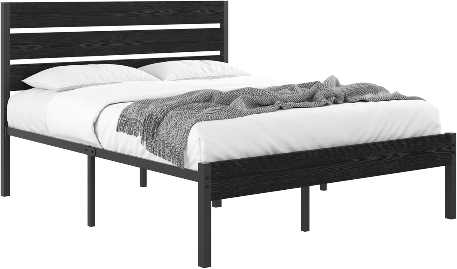 VECELO Platform Bed Frame with Rustic Vintage Wood Headboard/Strong Metal Slats Support