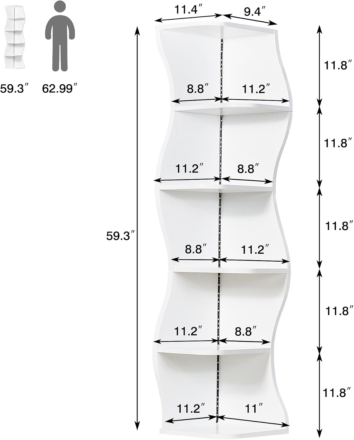 VECELO 6-Tier Compact Wave Corner Bookcase with LED Lights, Small Narrow Freestanding Bookshelf for Small Spaces