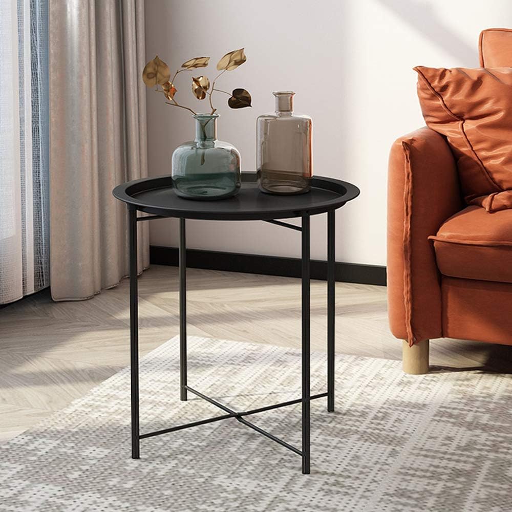VECELO Metal Round End/Side Table with Removable Tray Small Folding Anti-Rust Nightstand