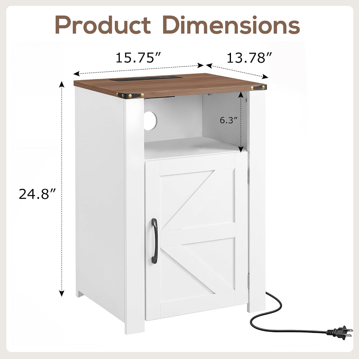 VECELO Farmhouse Nightstand with Charging Station
