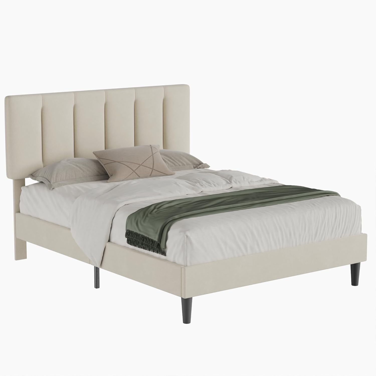 VECELO Modern Upholstered Platform Bedframe, Adjustable Headboard