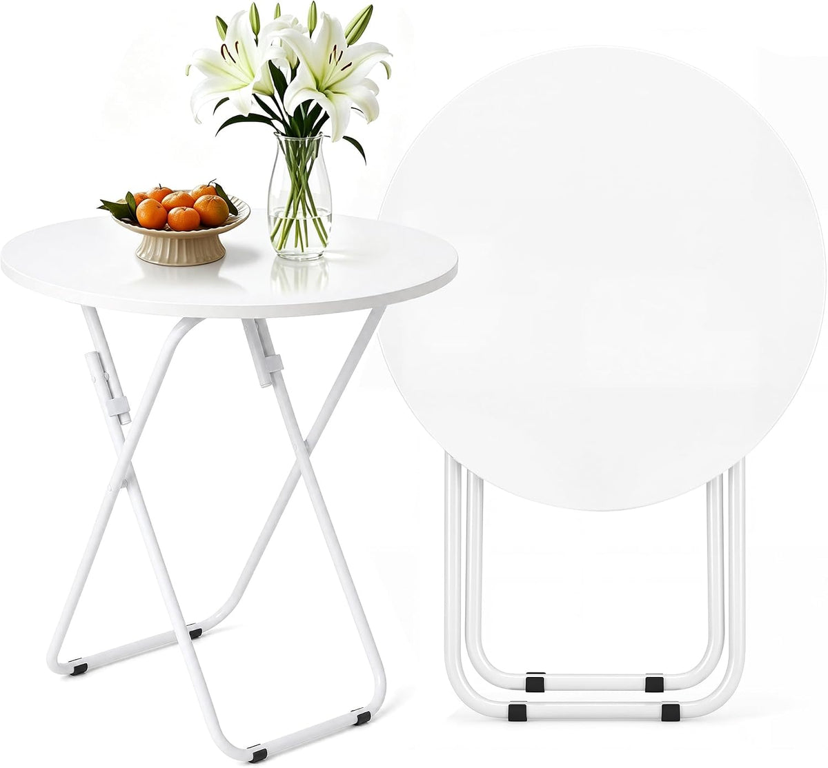 VECELO Folding Round Table, Patio Outdoor Dining Table, Wood Top Metal Frame No Assembly Required