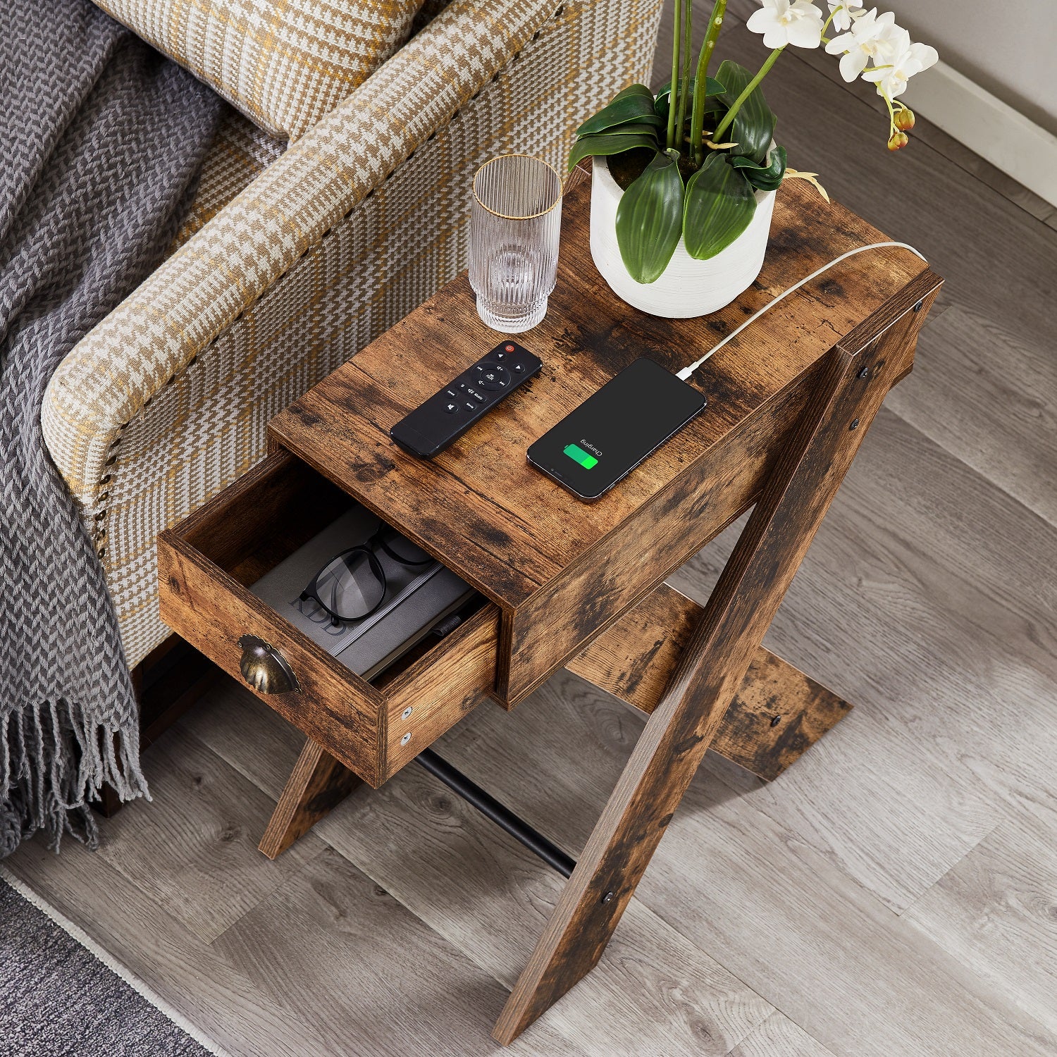 VECELO End Side Table with Charging Station Narrow Nightstand with Drawer& USB Ports