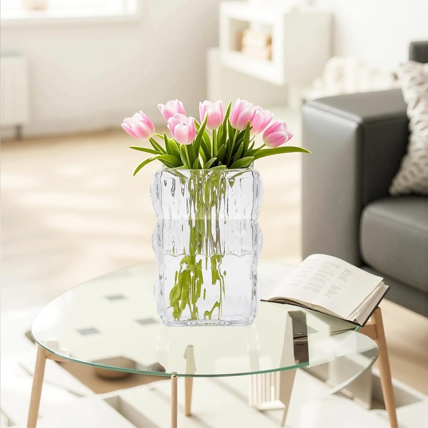 VECELO Crystal Glass Vase - Textured Clear Flower Vase