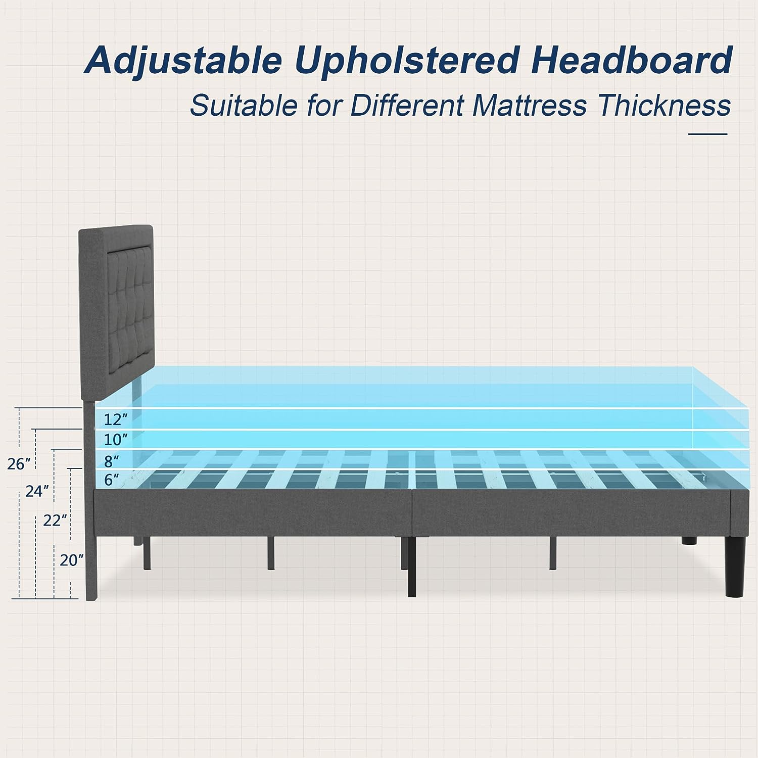 VECELO Upholstered Platform Bed Frame with Height Adjustable Headboard