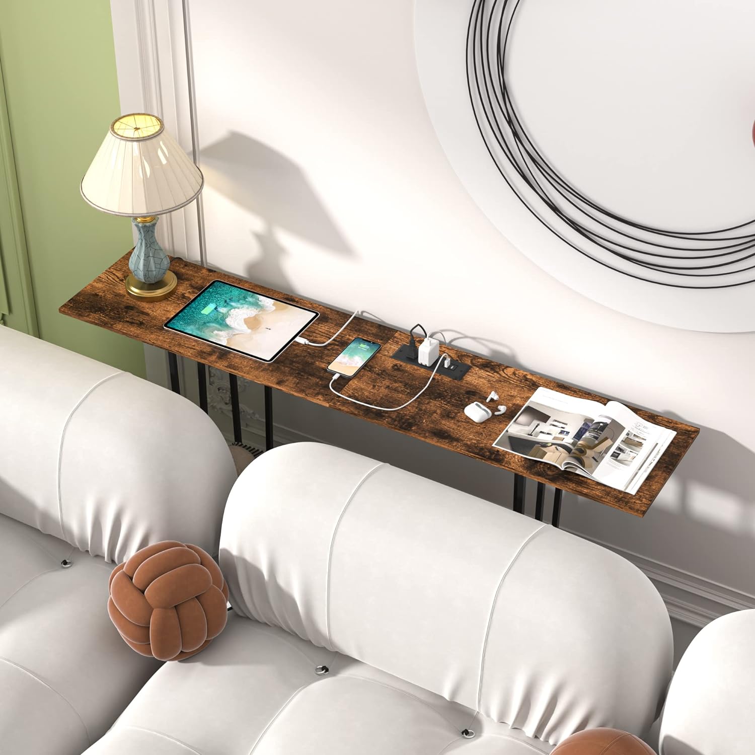 VECELO Couch Side & Console Table with 2 Outlets & 2 USB Ports - VECELO