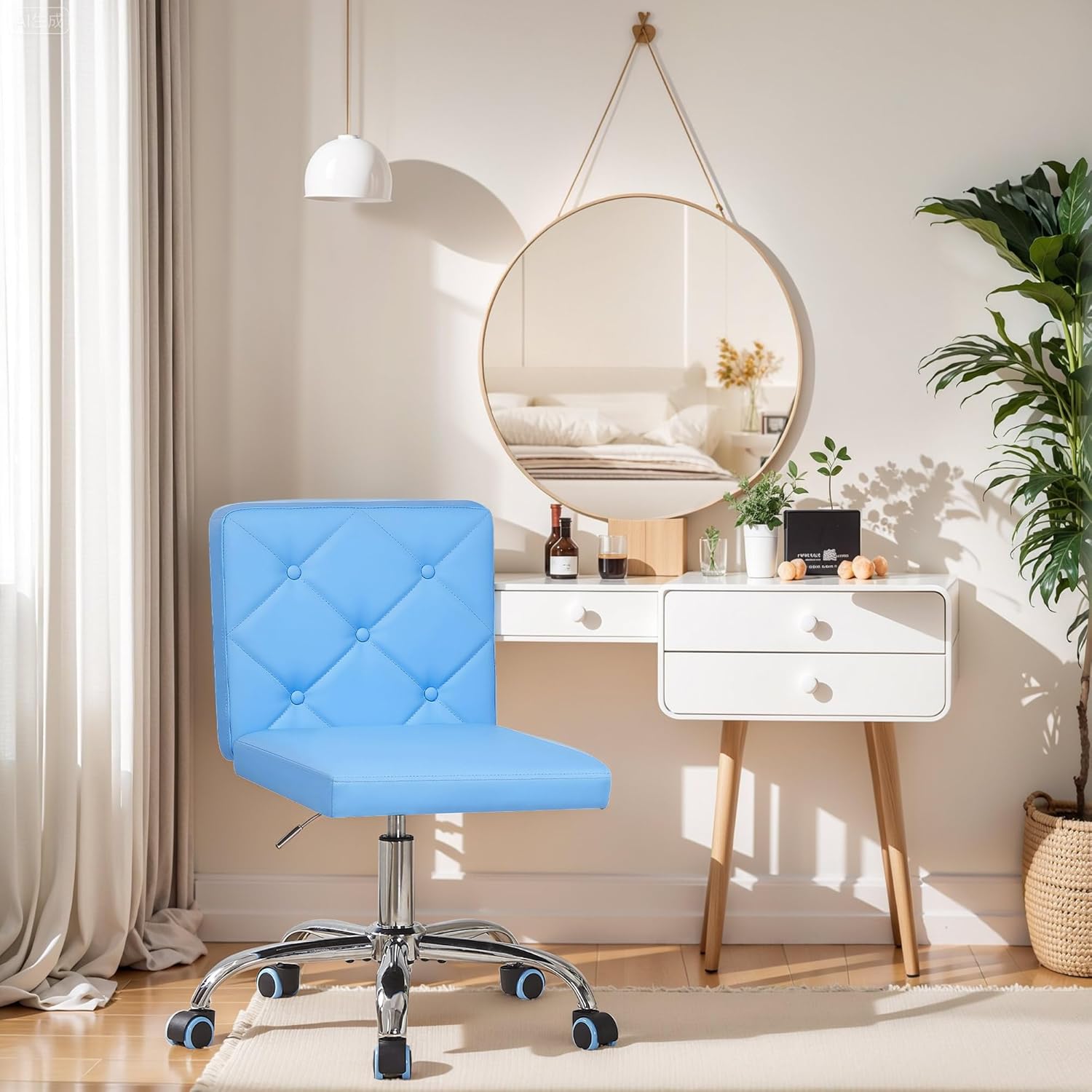 VECELO PU Leather Mid-Back Armless Vanity Chair Adjustable Height 360° Rolling Swivel for Home Office Work