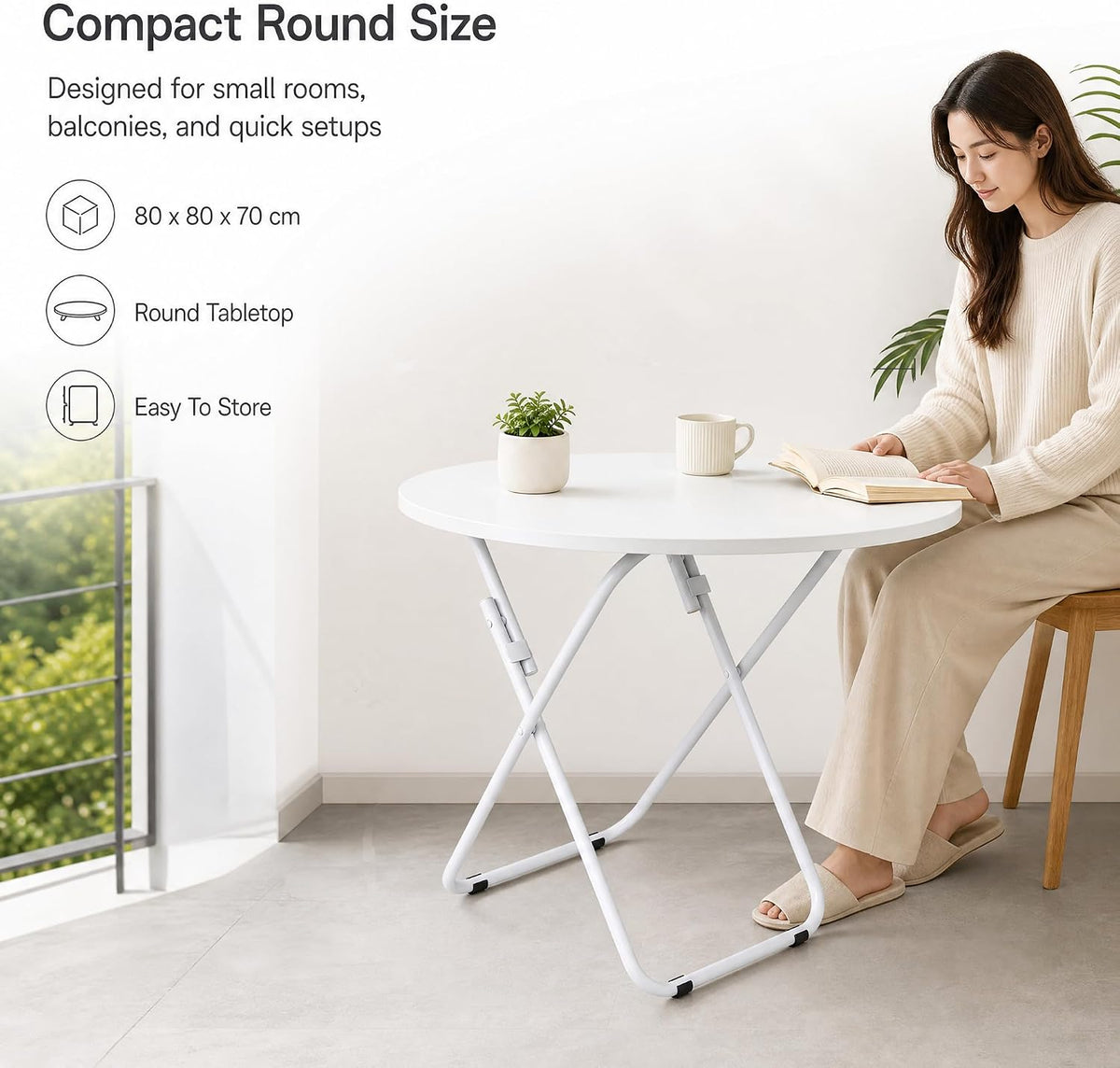 VECELO Folding Round Table, Patio Outdoor Dining Table, Wood Top Metal Frame No Assembly Required