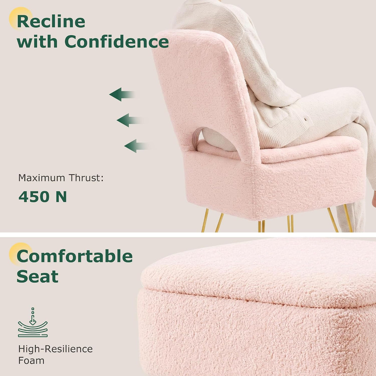 VECELO White Vanity Stool Chair with Storage and Folding Back