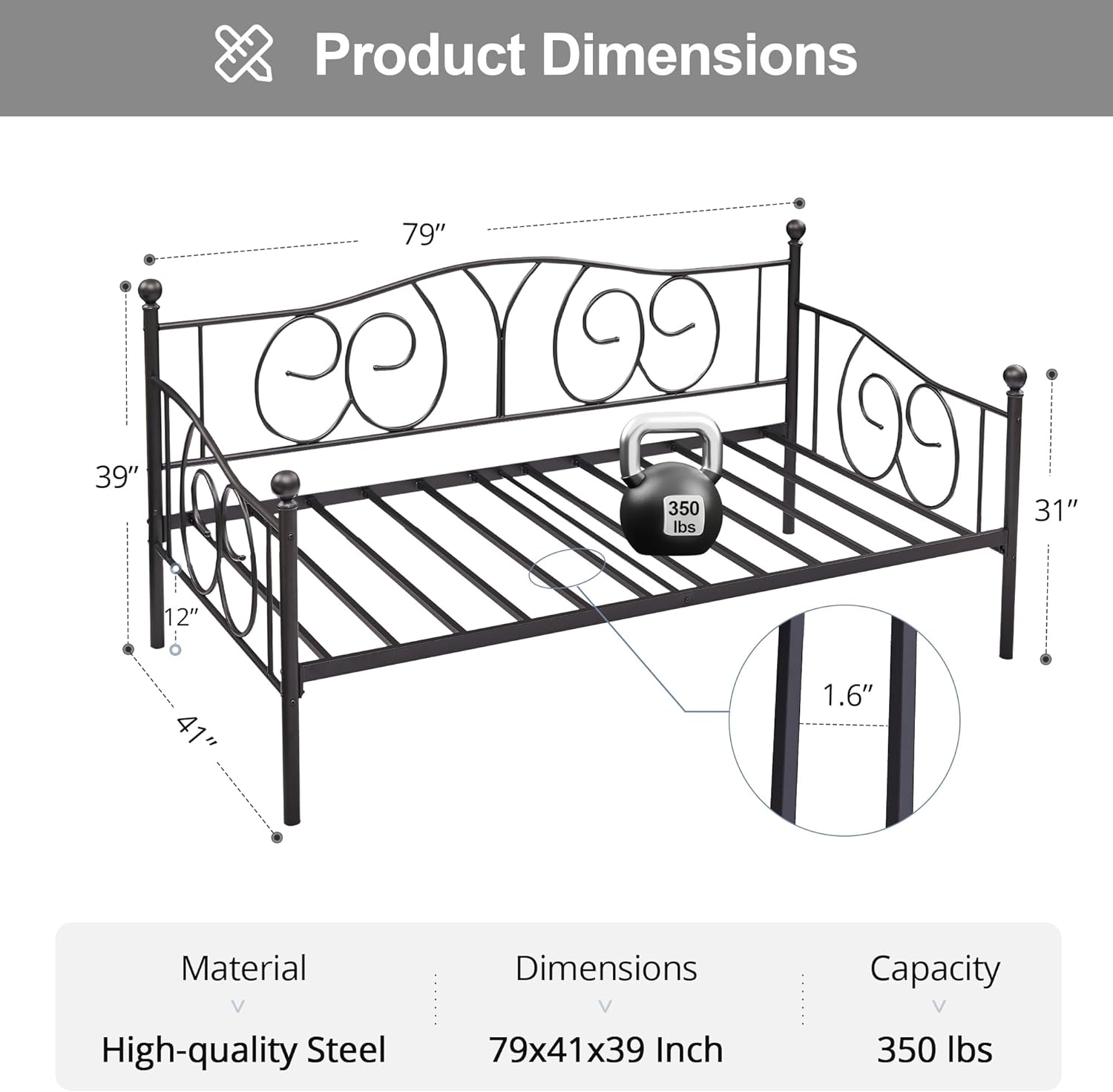 VECELO Metal Daybed Frame Multifunctional Platform Bed Sofa Mattress Foundation with Deluxe Headboard, Black