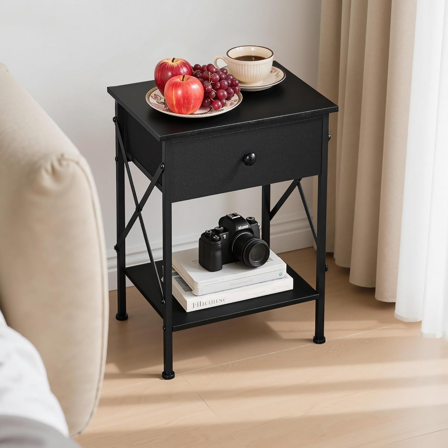 VECELO Nightstand Set of 2, X-Design End Side Table with Fabric Storage Drawer and Open Shelf