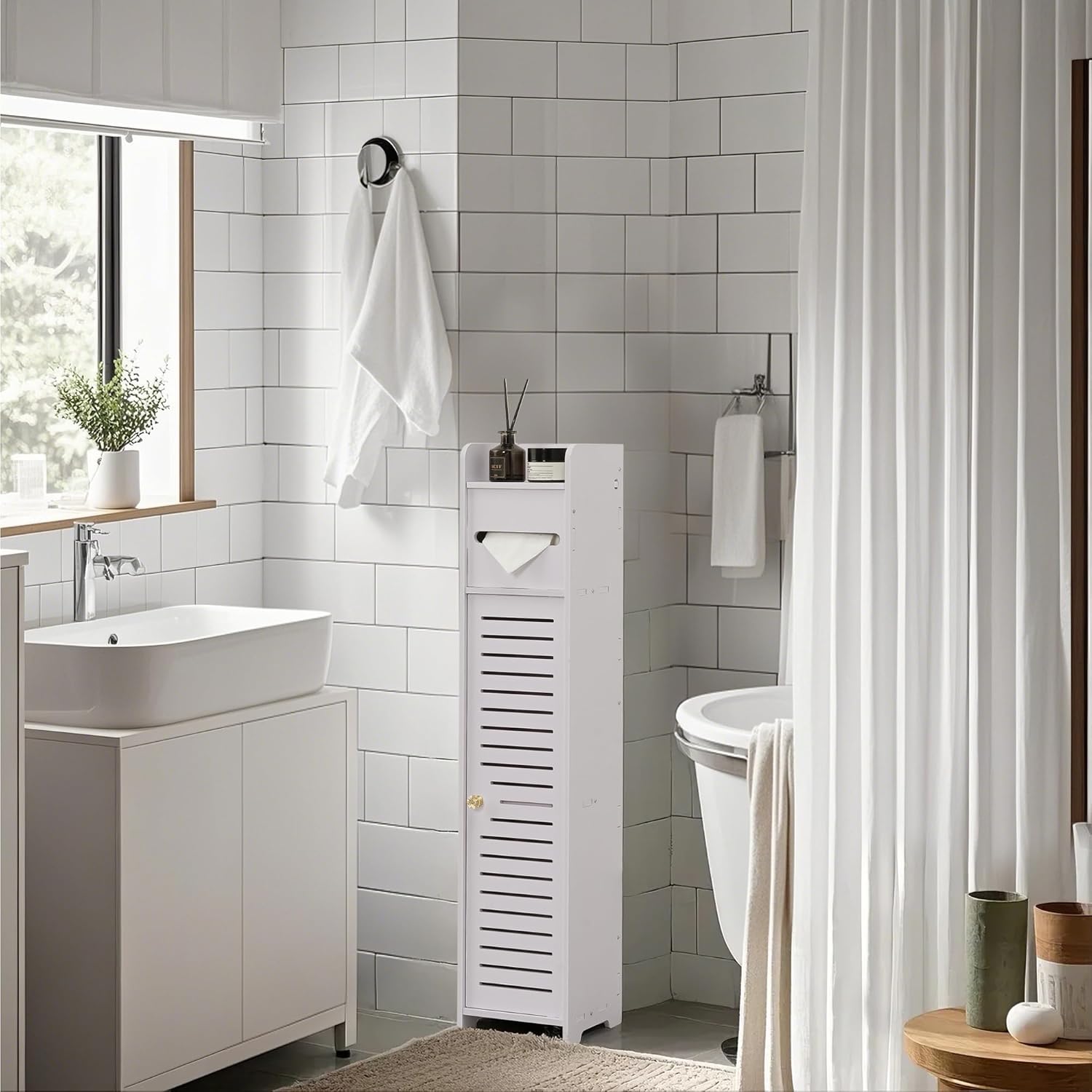 VECELO Small Bathroom Cabinet, Storage Cabinet with Toilet Paper Scroll