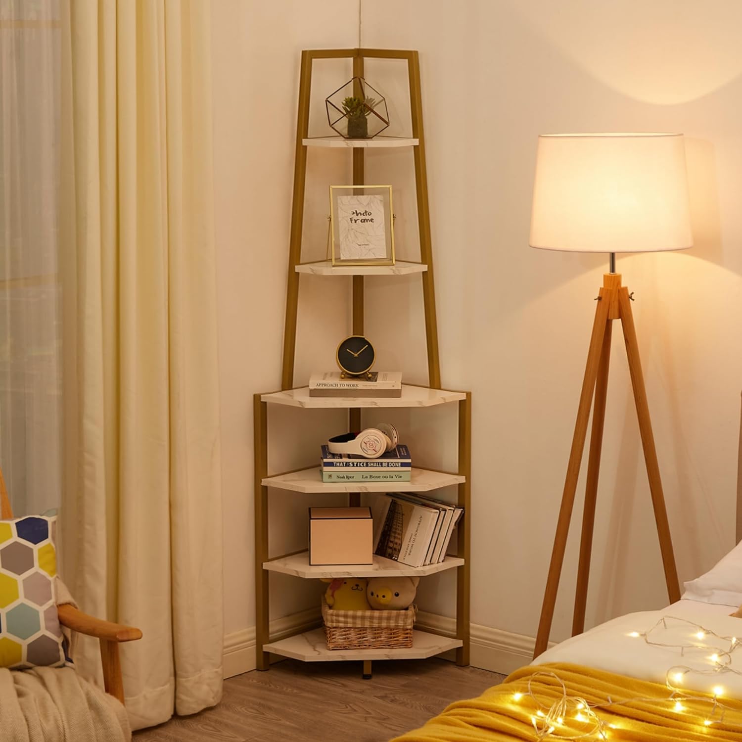 VECELO 6 Tier Corner Shelf, 69 Inch Industrial Bookshelf/Storage Stand with Metal Frame - VECELO