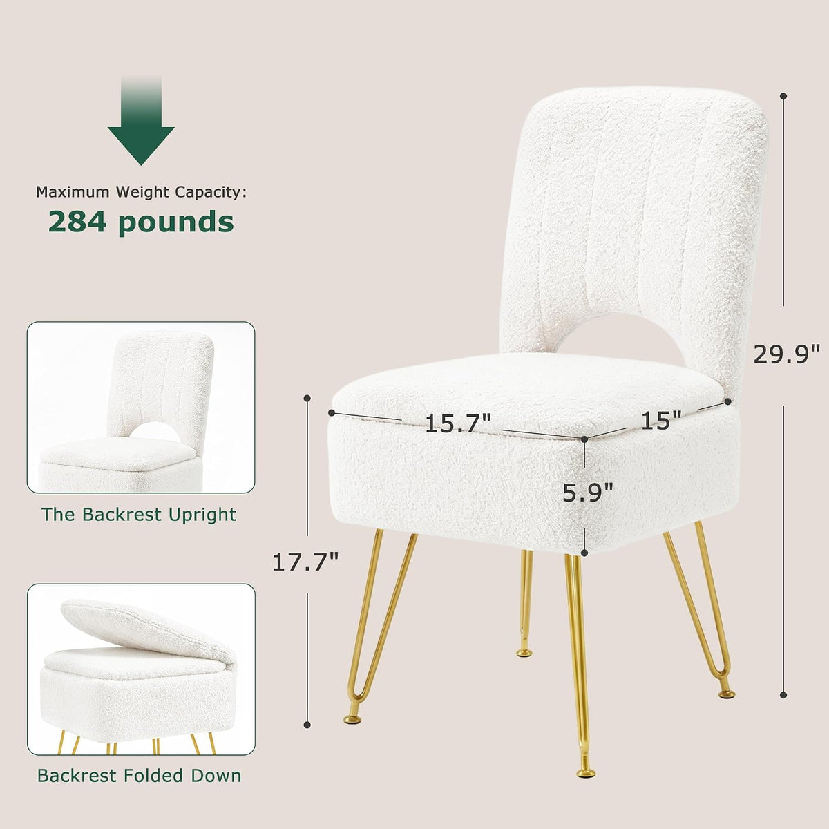 VECELO White Vanity Stool Chair with Storage and Folding Back