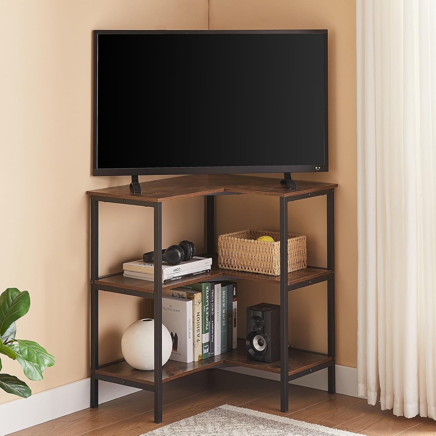 VECELO Corner Cabinet Table with 3 Tier Open Shelf