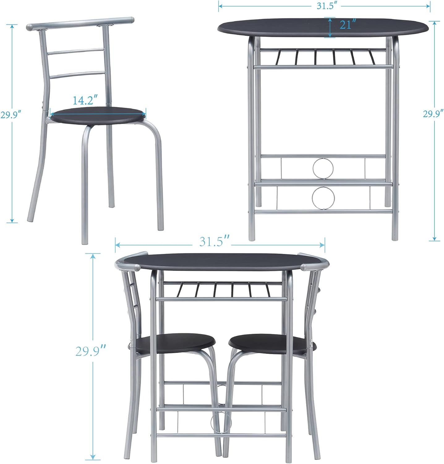 VECELO 3 Piece Wood Round Table & Chair Set with Wine Storage Rack for Dining Room Kitchen Bar Breakfast - VECELO