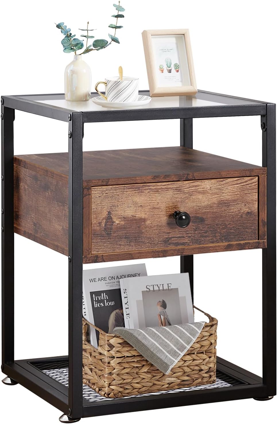 VECELO Nightstands,Glass Top End Tables with Drawer and Shelf