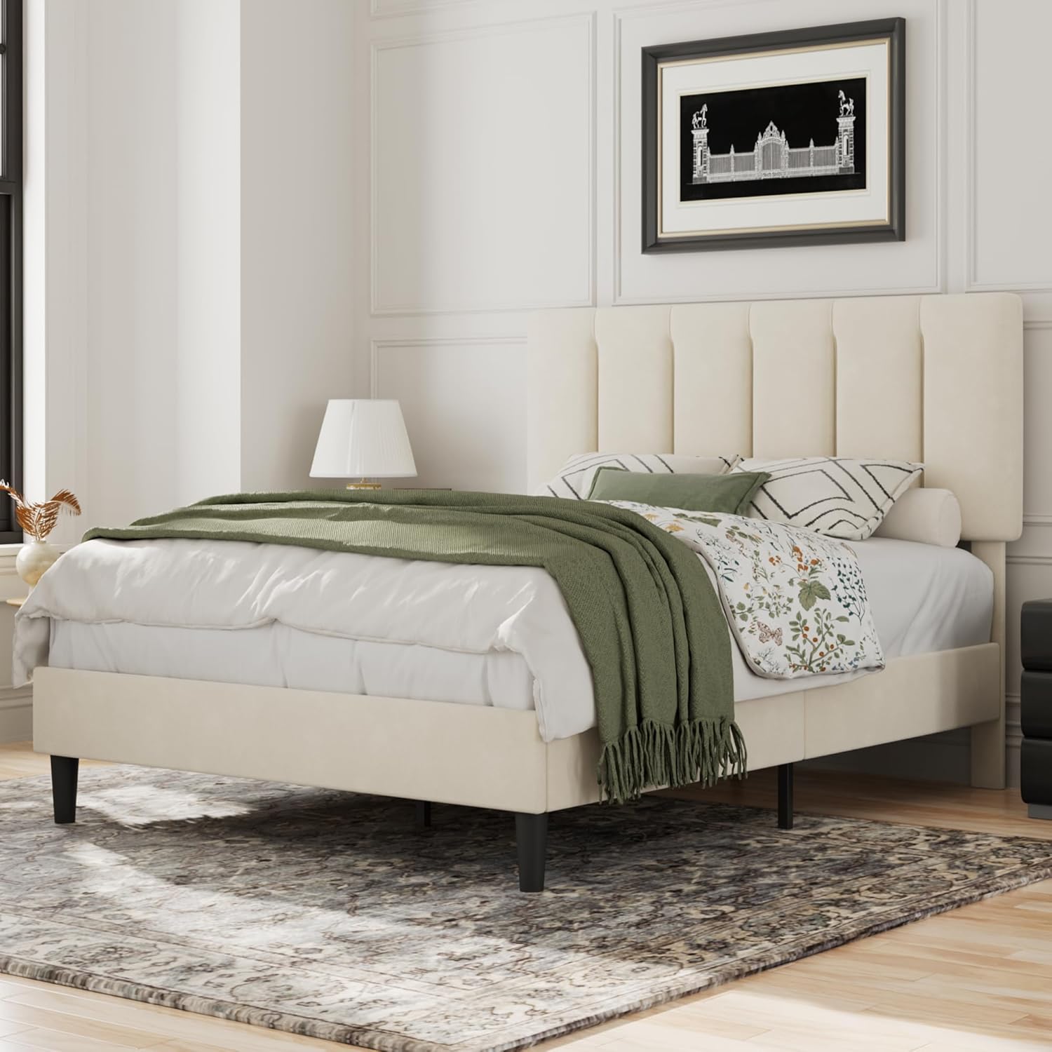 VECELO Modern Upholstered Platform Bedframe, Adjustable Headboard