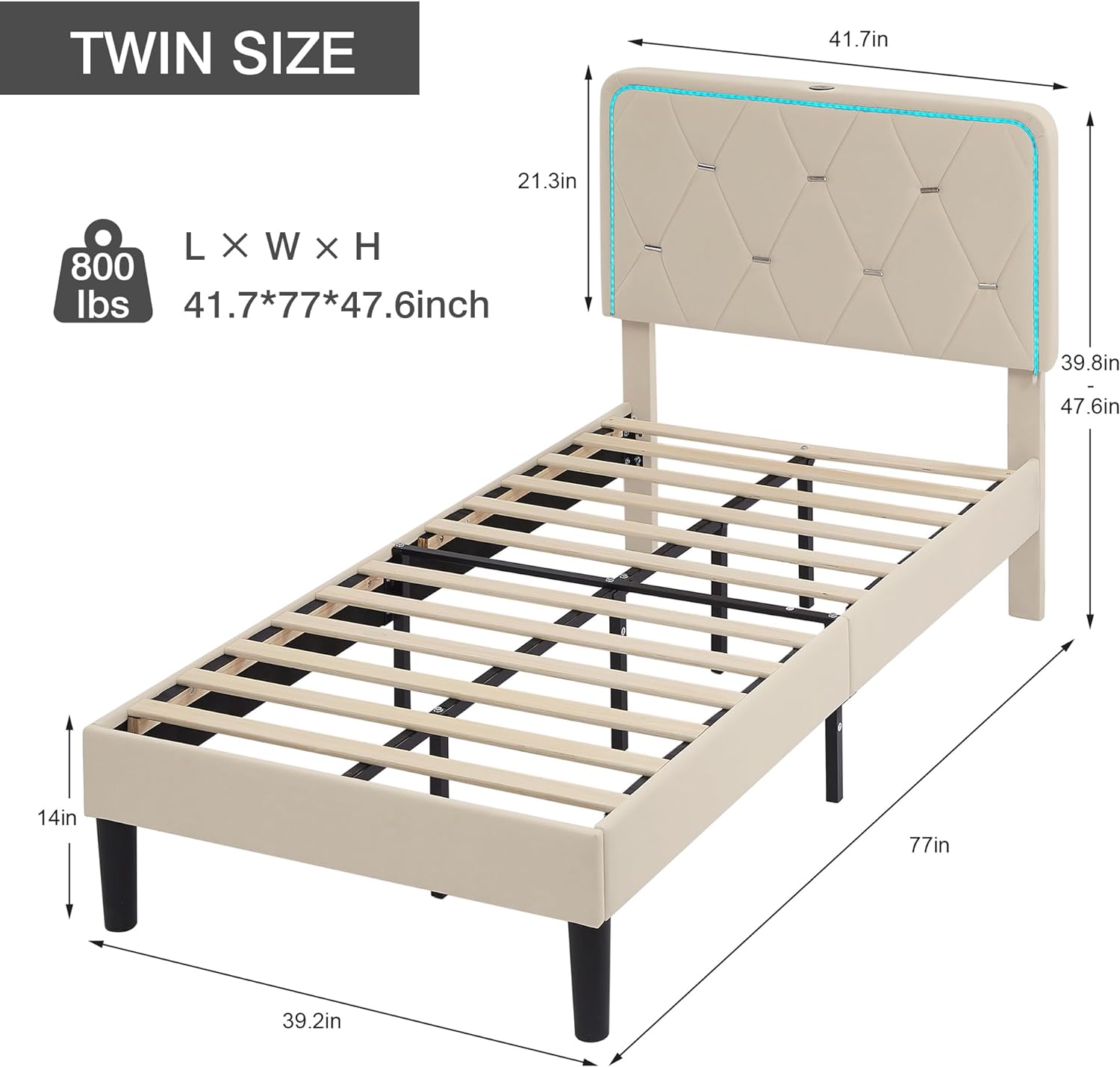VECELO Upholstered Bed Frame with LED Lights, Charging Station, Velvet Platform Bed