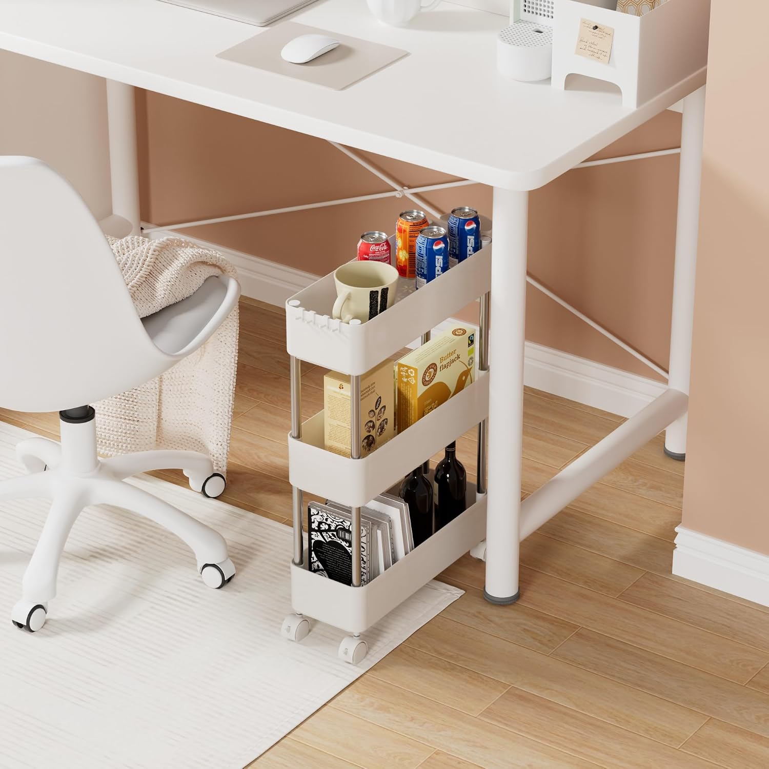 VECELO 3-Tier Storage Cart Utility Rolling Cart, Mobile Shelving Slim Unit Organizers with 360°Wheels Hooks&Hanging Cups