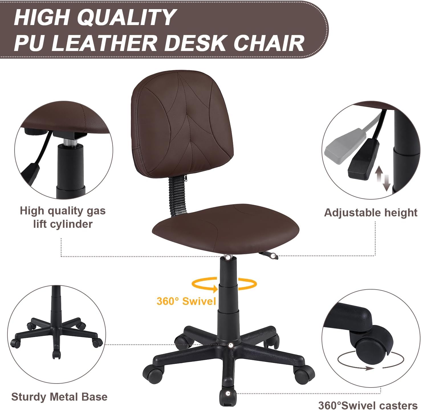VECELO Small Desk Armless Low-Backrest PU Leather Ergonomic Computer Chair
