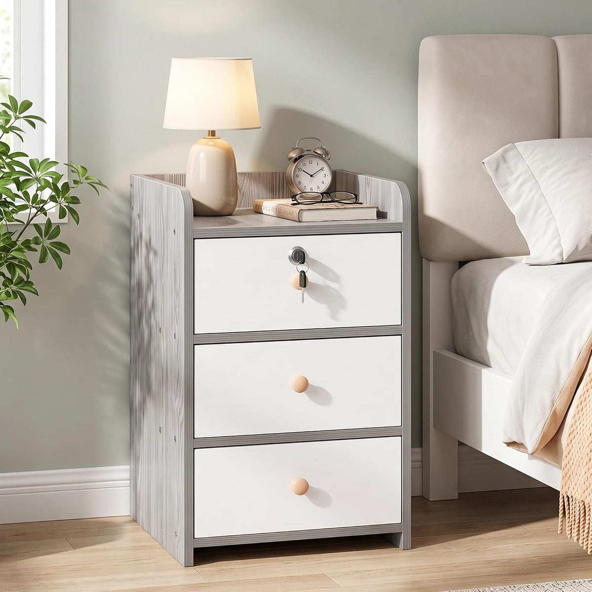 VECELO Nightstand with 3 Drawers Farmhouse End Table with Storage  Bedside Night Stand for Bedroom  Living Room