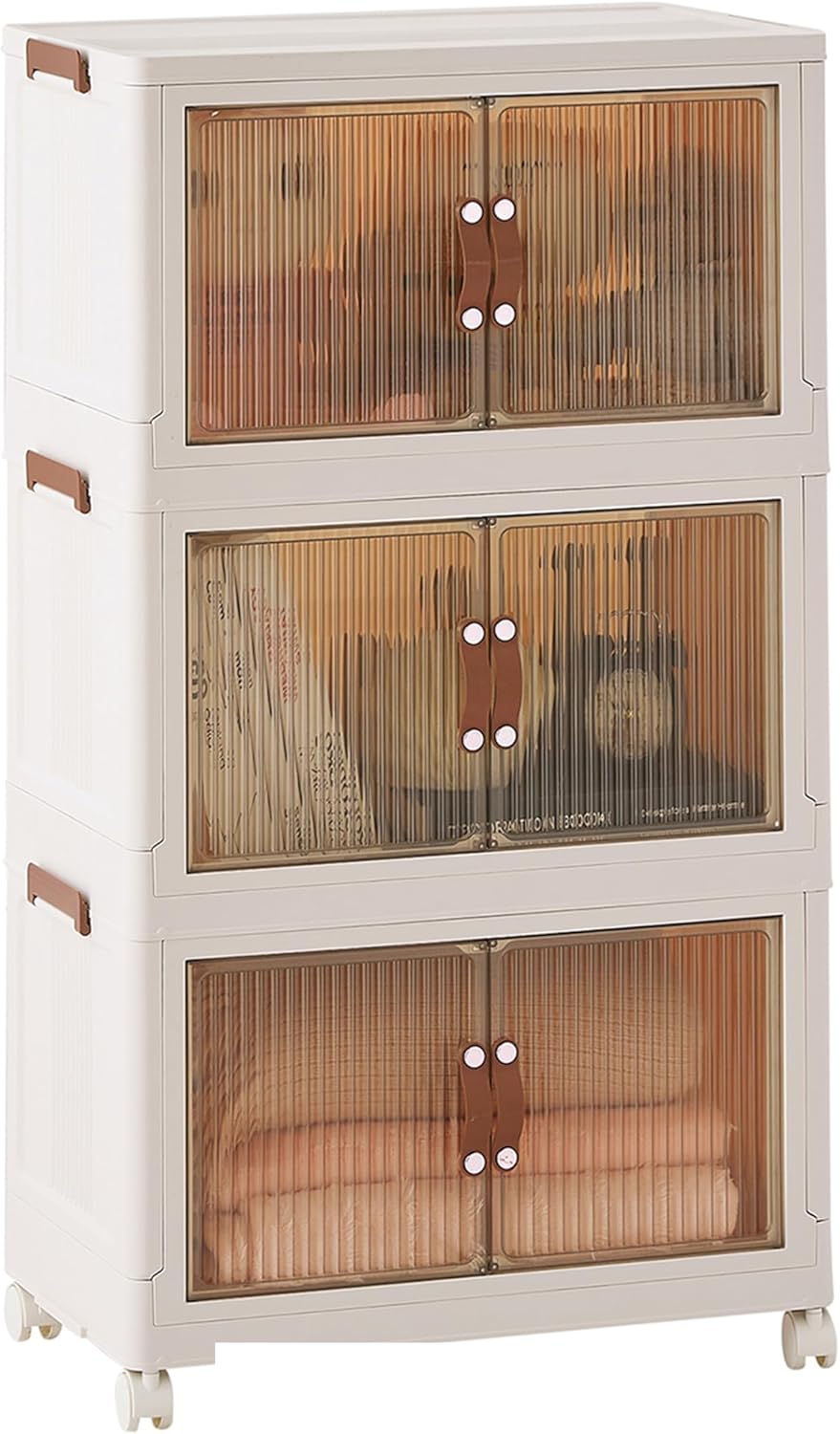 VECELO Stackable Bins with Lid, Plastic Collapsible Cabinet Foldable Folding Box Organizer/Storage Container Cart