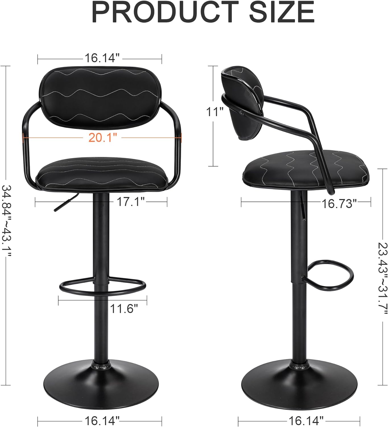 VECELO Bar Stools Set of 2, Adjustable Counter Height Barstools with Back and Arm - VECELO