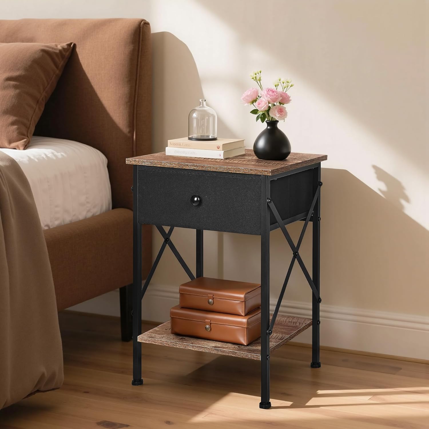 VECELO Nightstand Set of 2, X-Design End Side Table with Fabric Storage Drawer and Open Shelf