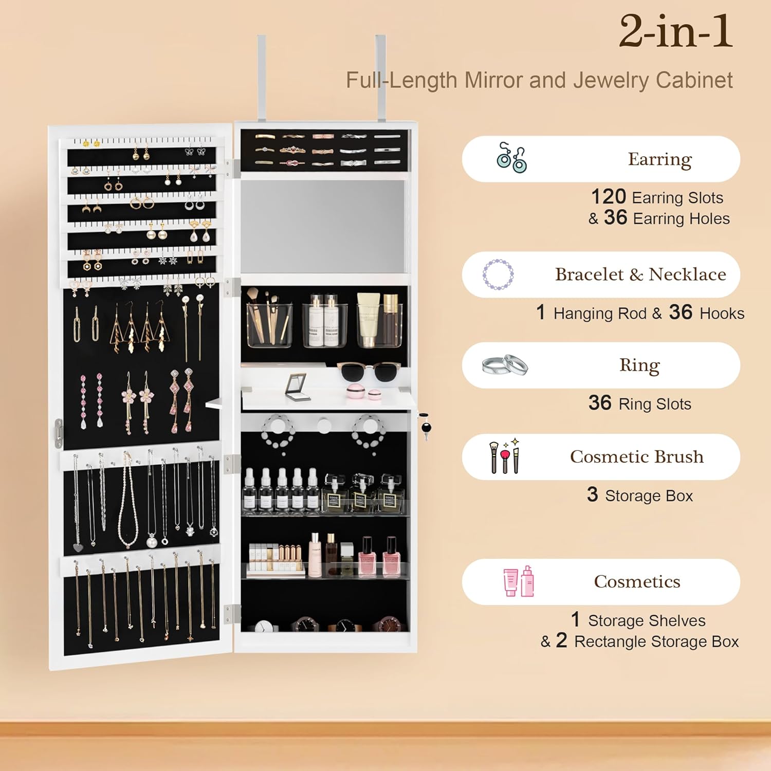 VECELO LED Mirror Jewelry Cabinet