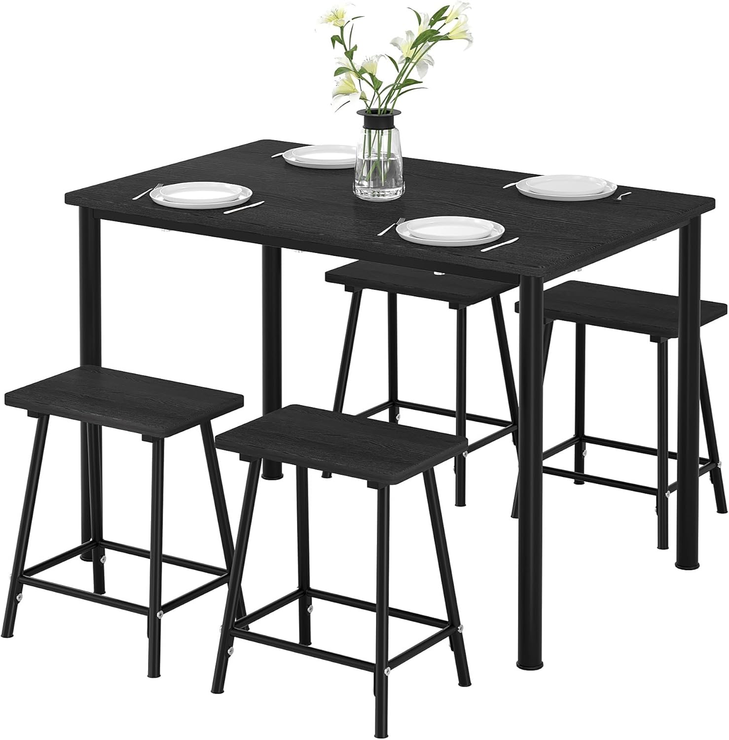 VECELO 5-Piece Dining Table Set Metal and Wood Kitchen Furniture with 4 Stools - VECELO