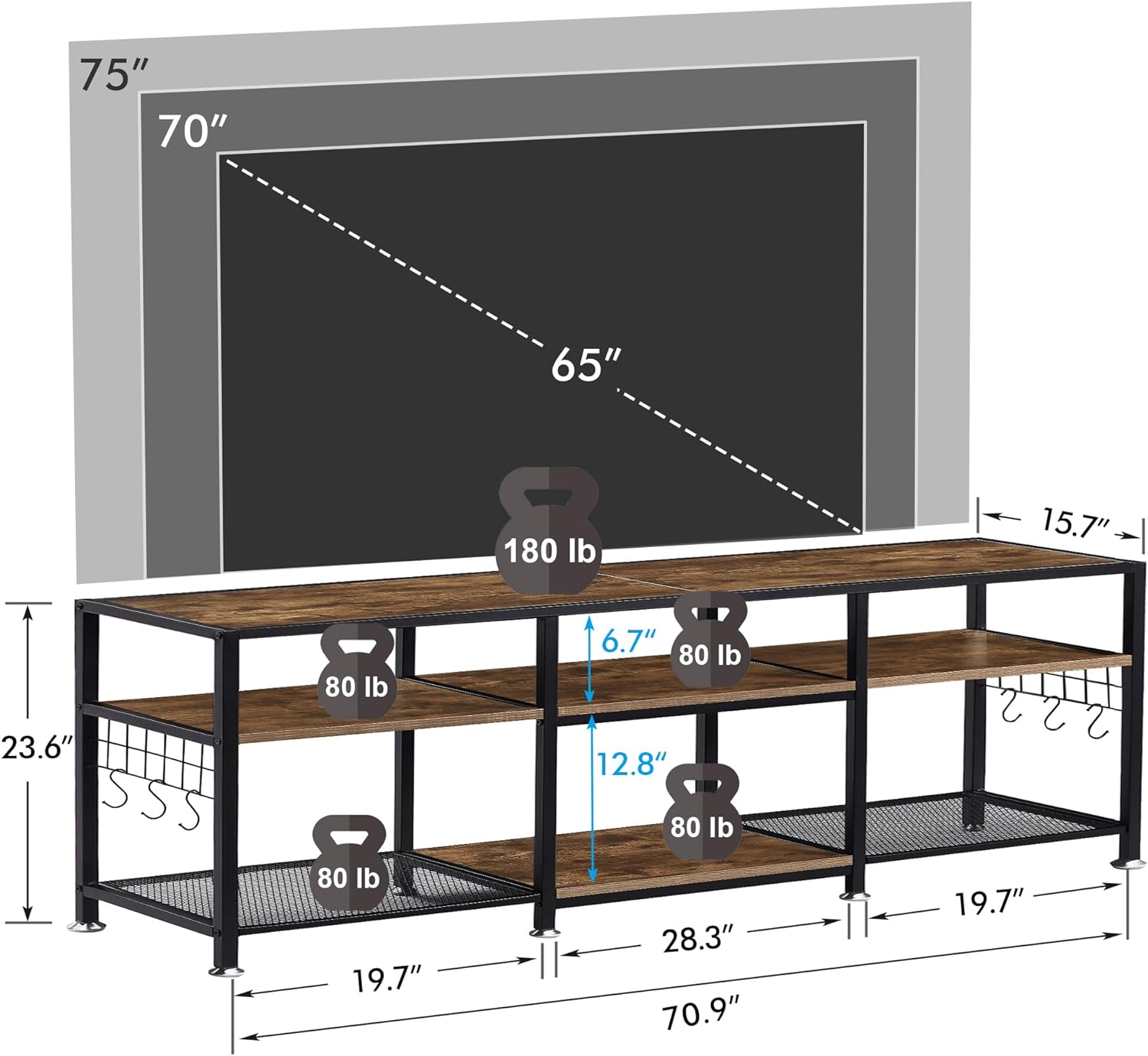 VECELO TV Stand Entertainment Center Media Console with 3-Tier Open Storage Shelves, Cabinet Table for Living Room Brown